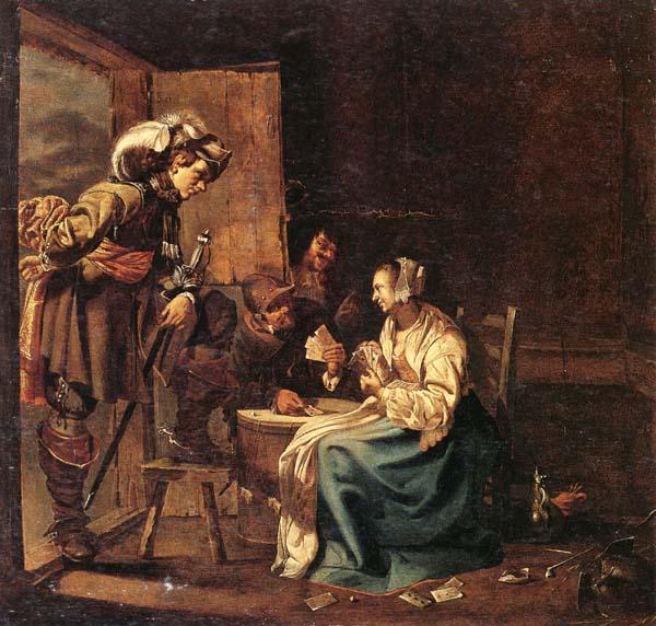 Jacob Duck Interior with soldiers and a woman playing cards,an officer watching from a doorway oil painting image